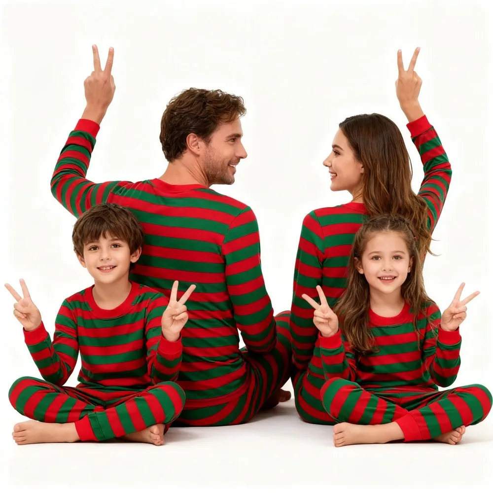 Christmas Family Pajamas Set Matching Red Green Stripes Long Sleeve Sleepwear for Parents Children Kids Festive Xmas Pjs Outfits - Image 3