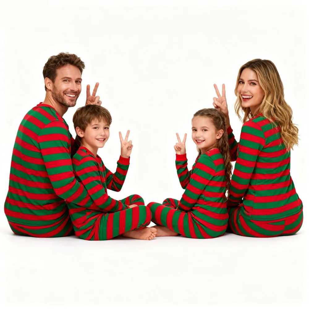 Christmas Family Pajamas Set Matching Red Green Stripes Long Sleeve Sleepwear for Parents Children Kids Festive Xmas Pjs Outfits - Image 4