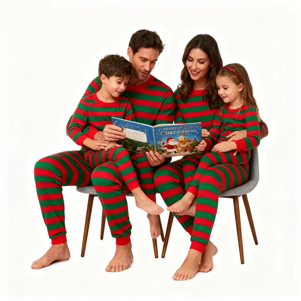 Christmas Family Pajamas Set Matching Red Green Stripes Long Sleeve Sleepwear for Parents Children Kids Festive Xmas Pjs Outfits - Image 5