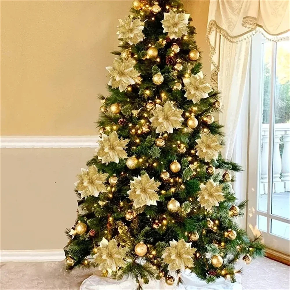 Christmas Flower Ornaments Glitter Artifical Flowers For Christmas Tree,Xmas Decoration For Home - Image 3