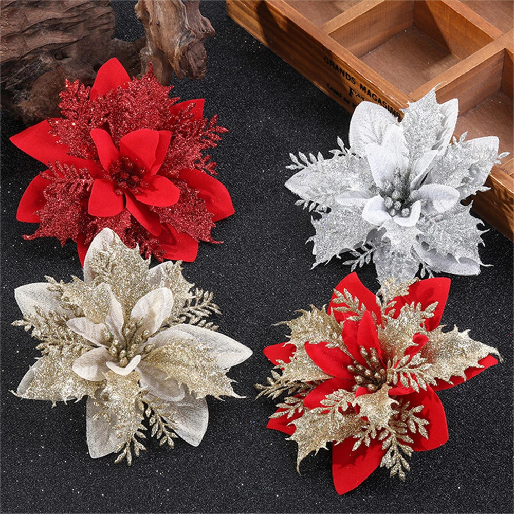 Christmas Flower Ornaments Glitter Artifical Flowers For Christmas Tree,Xmas Decoration For Home - Image 5