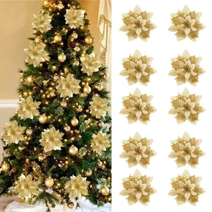 Christmas Flower Ornaments Glitter Artifical Flowers For Christmas Tree,Xmas Decoration For Home