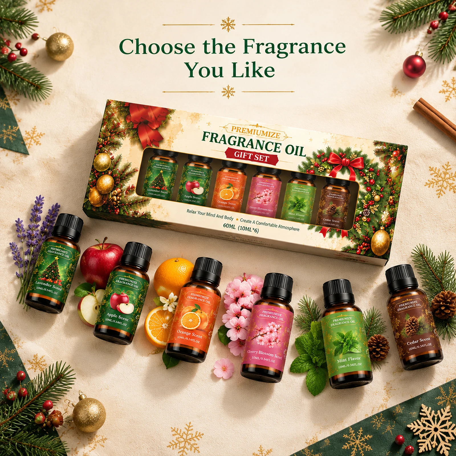 Christmas Fragrance Oil Gift Set 6 Flavors Fruits Flowers Fragrant for Diffuser Humidifier Air Freshener Holiday Aroma Oil Gift