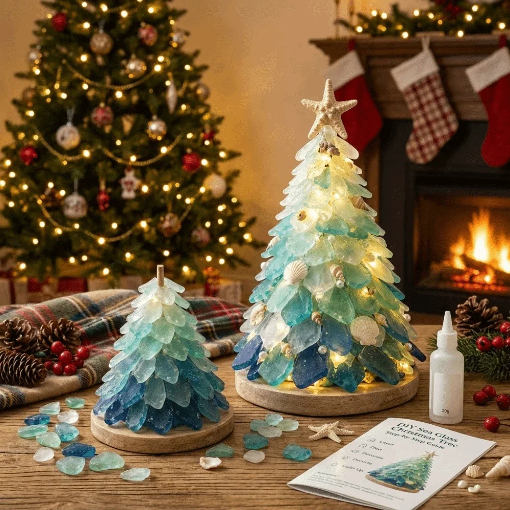 Christmas Gift Handmade Sea Glass Weaving DIY Sea Glass Art Kit Sea Glass Material Multi-Color DIY Christmas Tree Craft Kit - Image 2