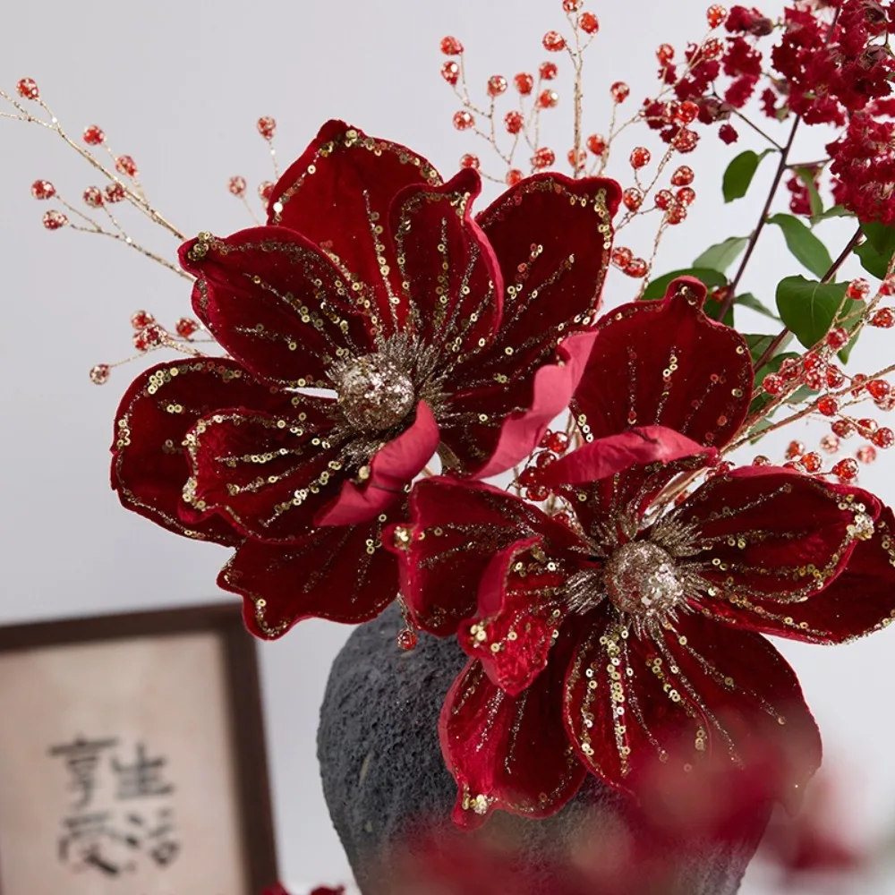 Christmas Gifts Artificial Poinsettia Glitter Flower Sequin Flannel 23cm Fake Flowers New Year Photography Props
