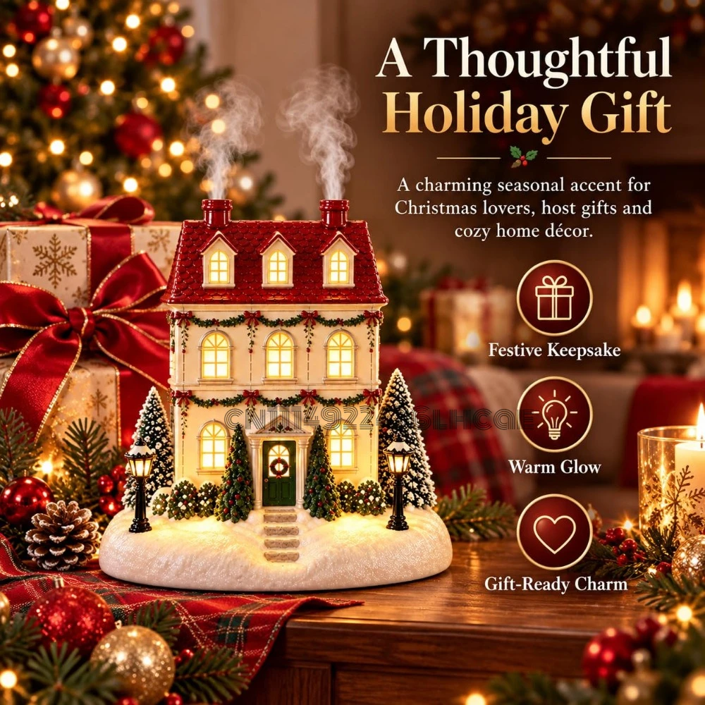 Christmas House Aroma Diffuser, Lighted Christmas Village Decor with Mist Warm Glowing Windows & Gentle Chimney Mist - Image 2