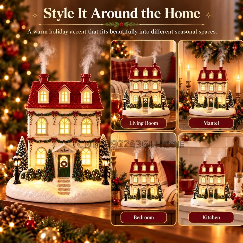 Christmas House Aroma Diffuser, Lighted Christmas Village Decor with Mist Warm Glowing Windows & Gentle Chimney Mist - Image 3
