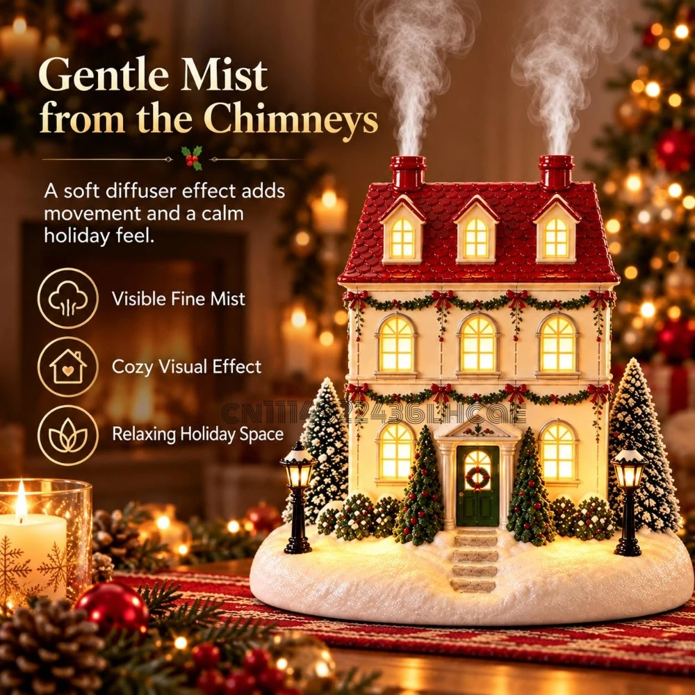 Christmas House Aroma Diffuser, Lighted Christmas Village Decor with Mist Warm Glowing Windows & Gentle Chimney Mist - Image 4