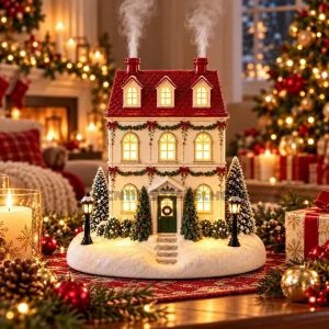 Christmas House Aroma Diffuser, Lighted Christmas Village Decor with Mist Warm Glowing Windows & Gentle Chimney Mist