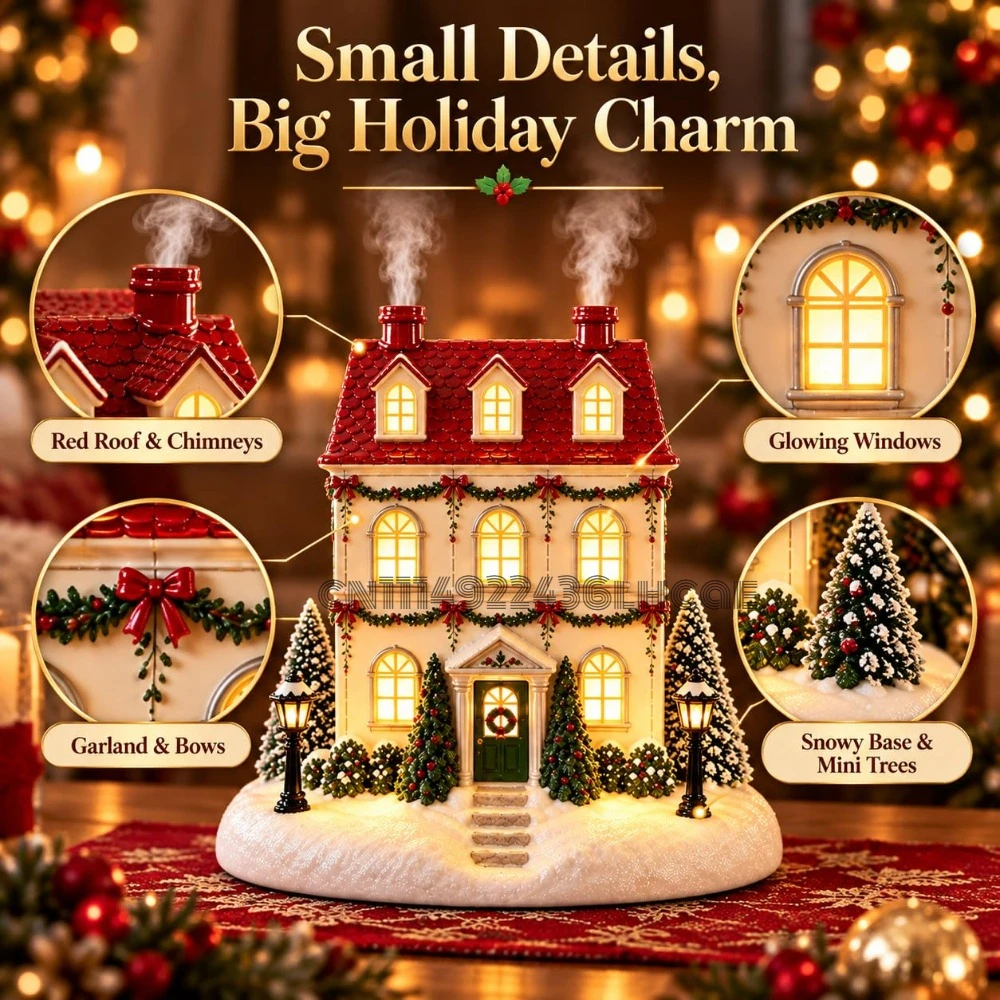 Christmas House Aroma Diffuser, Lighted Christmas Village Decor with Mist Warm Glowing Windows & Gentle Chimney Mist - Image 6
