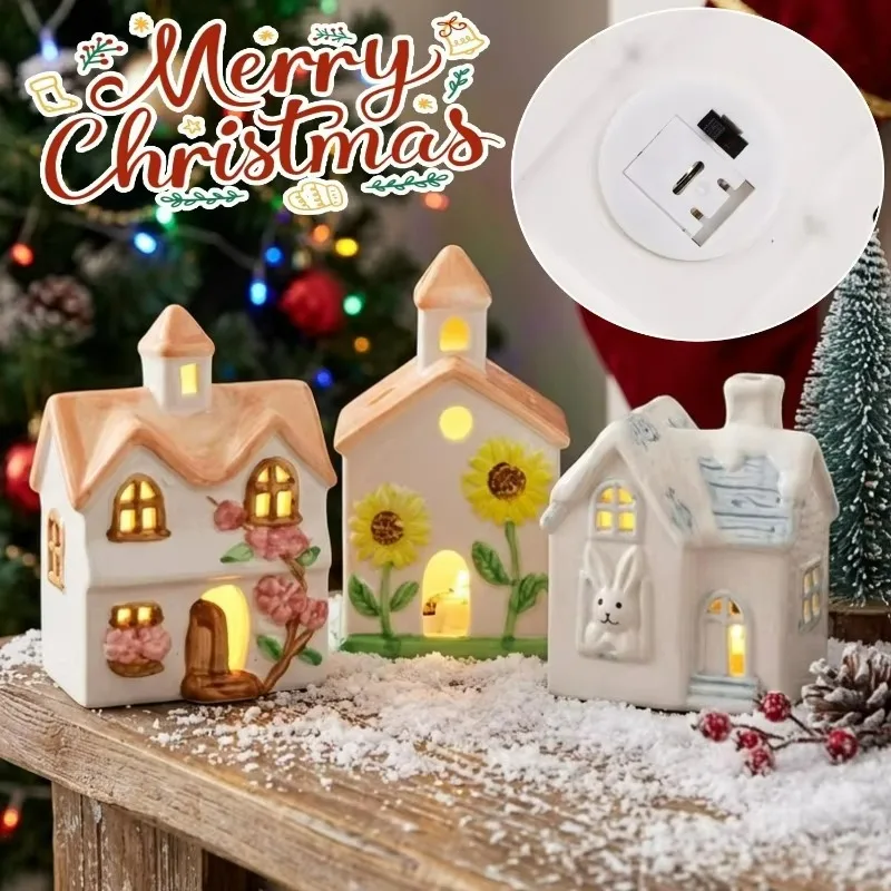 Christmas LED Ceramic House Decoration Warm Light 3D Village Ornament with Rabbit Snow House Cherry Blossom Sunflower Embossed - Image 2
