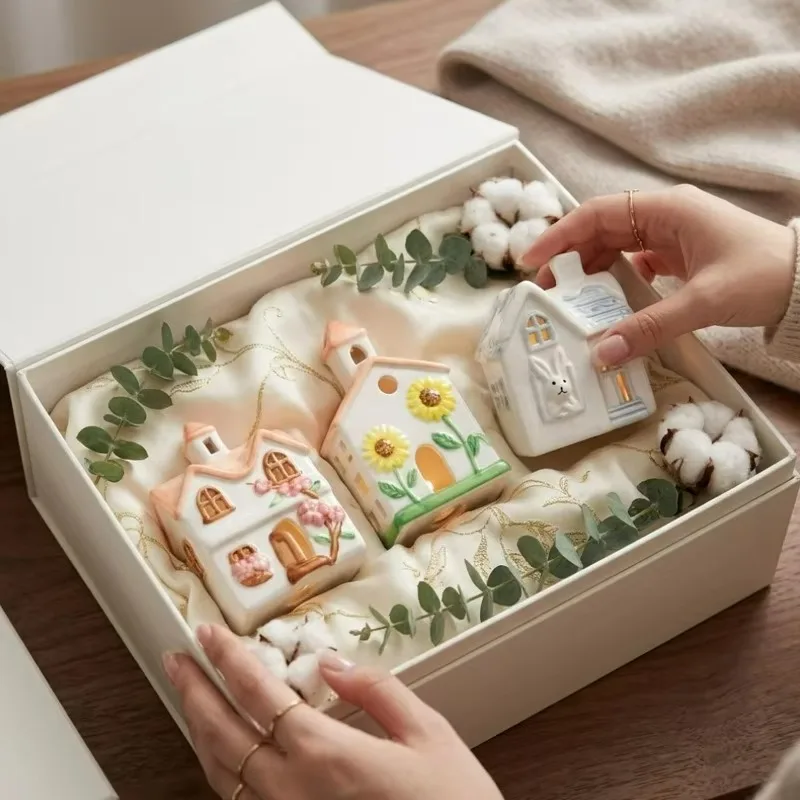 Christmas LED Ceramic House Decoration Warm Light 3D Village Ornament with Rabbit Snow House Cherry Blossom Sunflower Embossed - Image 4