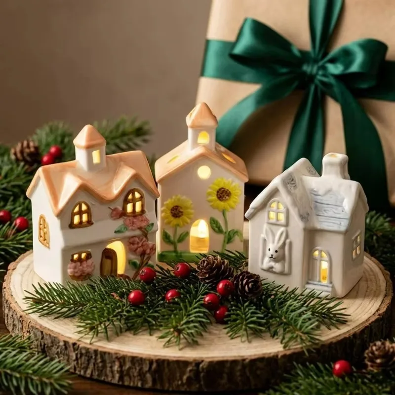 Christmas LED Ceramic House Decoration Warm Light 3D Village Ornament with Rabbit Snow House Cherry Blossom Sunflower Embossed - Image 3