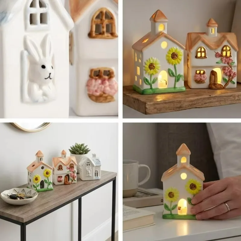 Christmas LED Ceramic House Decoration Warm Light 3D Village Ornament with Rabbit Snow House Cherry Blossom Sunflower Embossed - Image 5