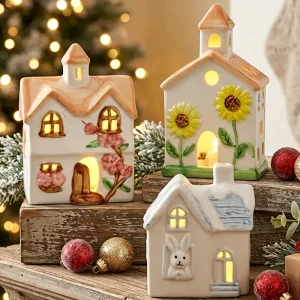 Christmas LED Ceramic House Decoration Warm Light 3D Village Ornament with Rabbit Snow House Cherry Blossom Sunflower Embossed