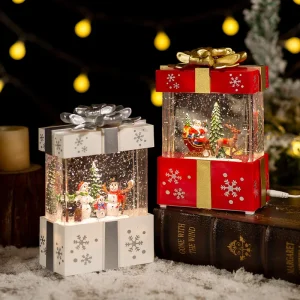 Christmas Music Gift Box Home Decoration Popcorn Scene Village Rotating Santa Statue Christmas Desktop Decor Xmas Kid Child Gift