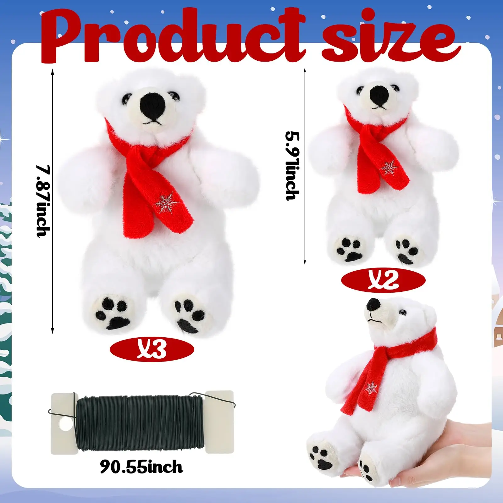Christmas Polar Bear Decoration,Christmas Tree Ornament White Polar Bear Stuffed Animal Plush Cuddly for Winter Tree Decoration - Image 3