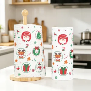 Christmas Printed Disposable Kitchen Towel Roll Absorbent Cleaning Paper Santa Reindeer Pattern Xmas Kitchen Home Decor