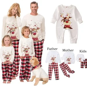 Christmas Reindeer Print Family Set Checkered Long Sleeved+long Pants Home Wear Parent-child Pajamas Mother and Child Outfit