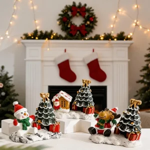 Christmas Resin Figurine Set, Snowman Reindeer Santa House Mini Statues, Christmas Tree Winter Village Scene Desktop Ornaments
