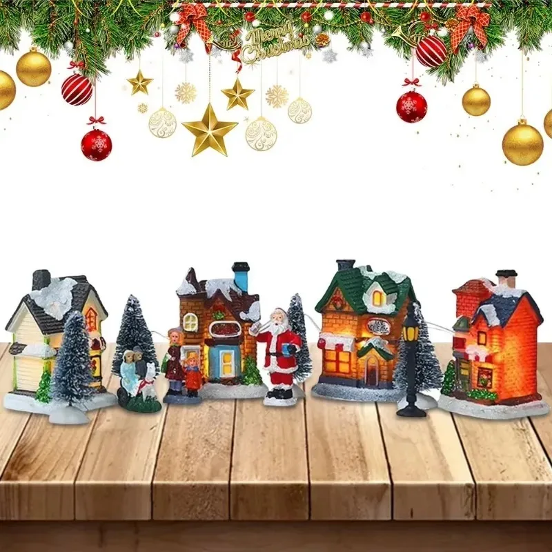 Christmas Resin House Miniature Light Up Village Set Decorative Small Houses for Tabletop Display Home Decoration Ornament - Image 2