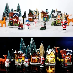 Christmas Resin House Miniature Light Up Village Set Decorative Small Houses for Tabletop Display Home Decoration Ornament