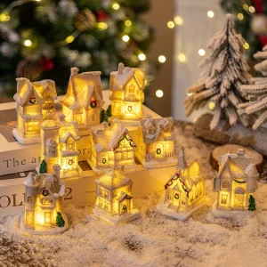 Christmas Resin House Ornament Miniature House Tabletop Decoration Xmas Village Figurine Holiday Home Desktop Decor Xmas Gift