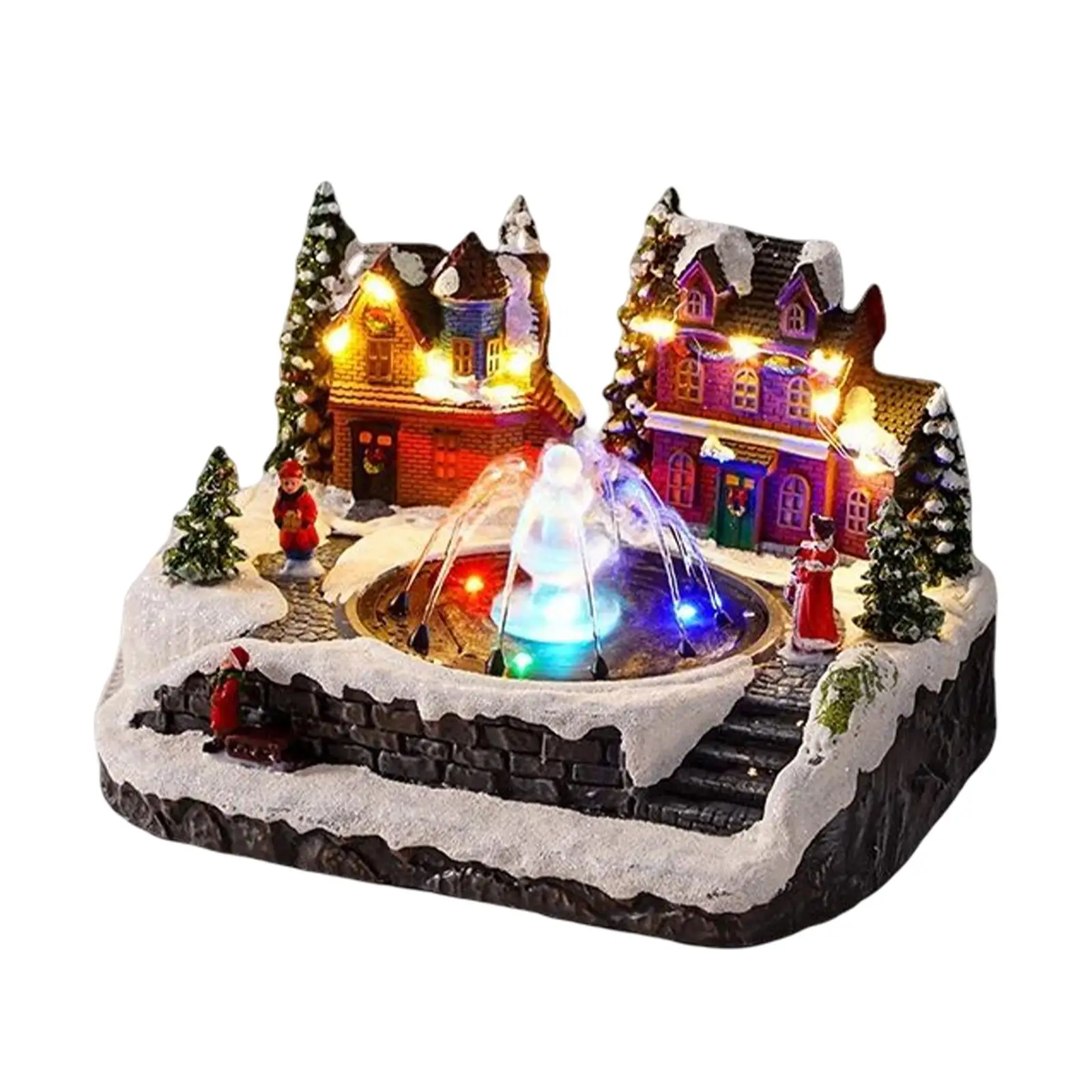 Christmas Winter Snow Scene Village House Music Fountain Sculpture for Decor