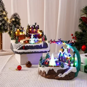 Christmas Snow Scene Village House Ornaments Music Fountain Sculpture for 2024 New Year Xmas Decor Holiday Landscape Lighting