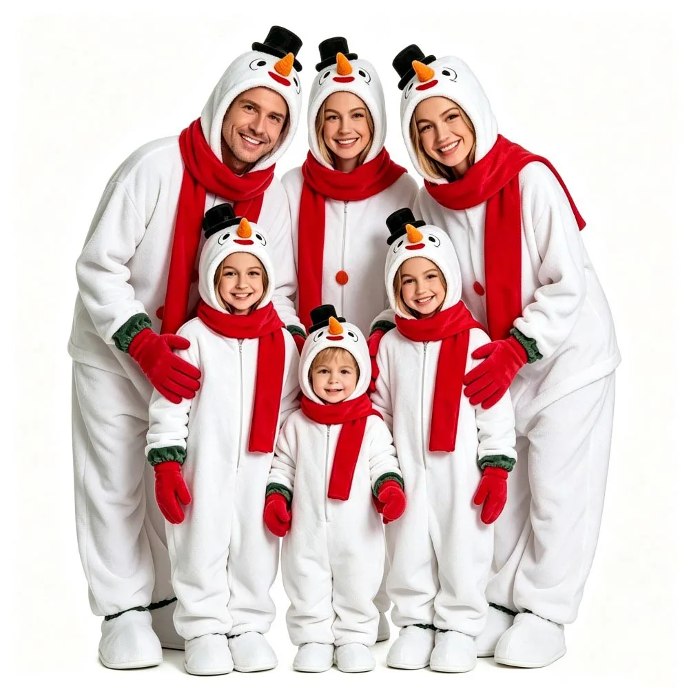 Christmas Snowman Family Matching Onesie Pajamas with Scarf Glovers Parent‑Child Fleece Hooded Jumpsuit Xmas Homewear Nightwear - Image 2