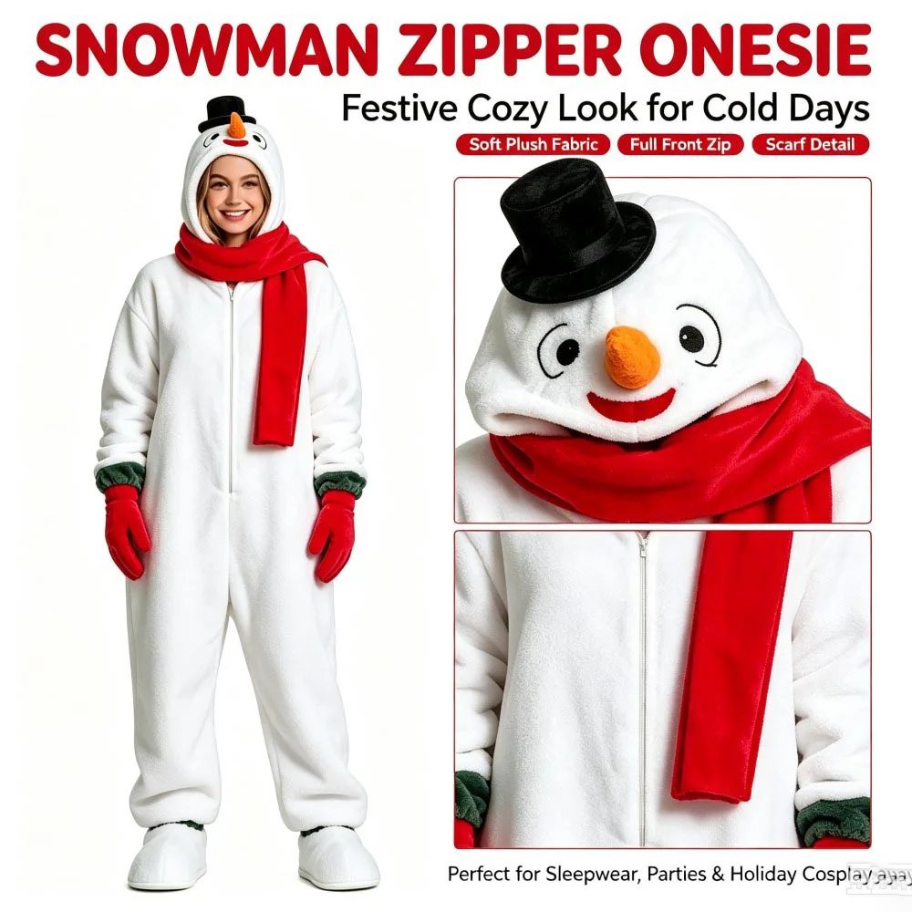 Christmas Snowman Family Matching Onesie Pajamas with Scarf Glovers Parent‑Child Fleece Hooded Jumpsuit Xmas Homewear Nightwear - Image 5