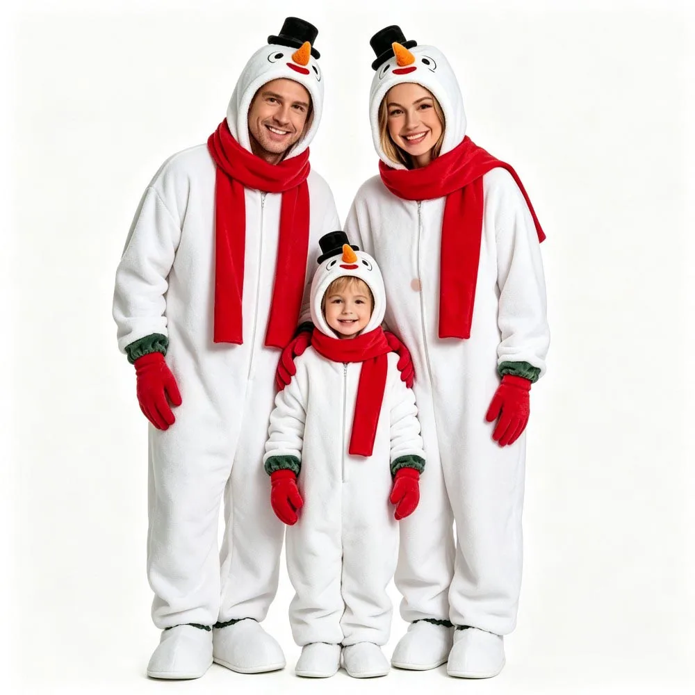 Christmas Snowman Family Matching Onesie Pajamas with Scarf Glovers Parent‑Child Fleece Hooded Jumpsuit Xmas Homewear Nightwear - Image 3