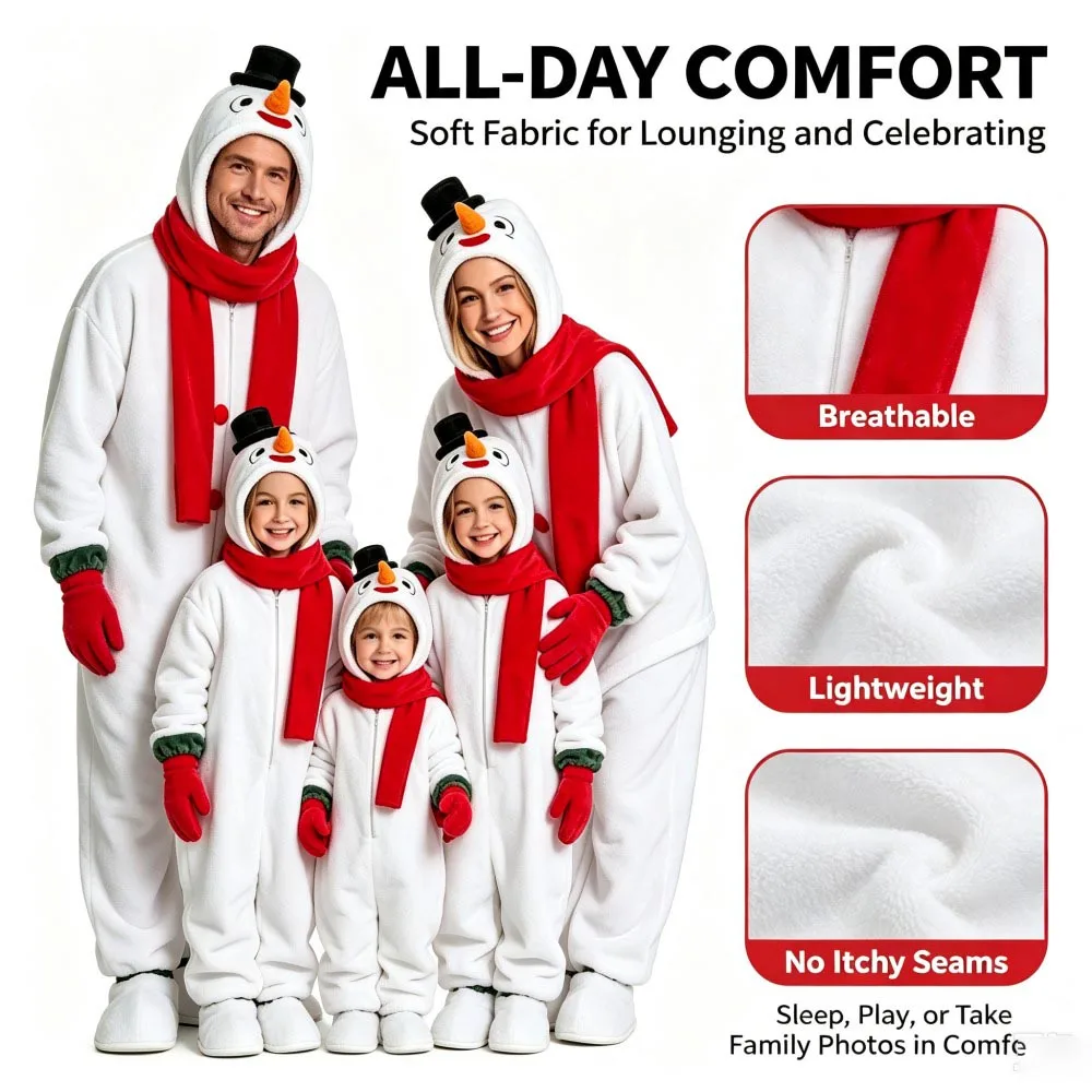 Christmas Snowman Family Matching Onesie Pajamas with Scarf Glovers Parent‑Child Fleece Hooded Jumpsuit Xmas Homewear Nightwear - Image 4