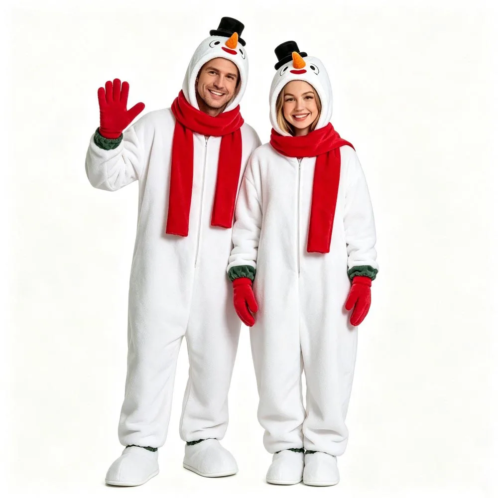 Christmas Snowman Family Matching Onesie Pajamas with Scarf Glovers Parent‑Child Fleece Hooded Jumpsuit Xmas Homewear Nightwear - Image 6