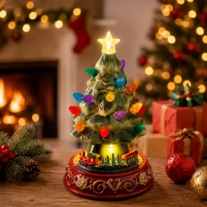 Christmas Tree Decoration LED Lighted Ceramic Christmas Village Tree with Rotating Train Base Xmas Tabletop Ornament Holiday Hom