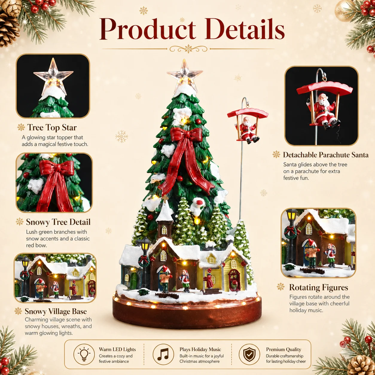 Christmas Tree Music Ornament with Parachute Santa & Rotating Village, Snowy Houses LED Lights 8 Songs 44cm Gift - Image 2