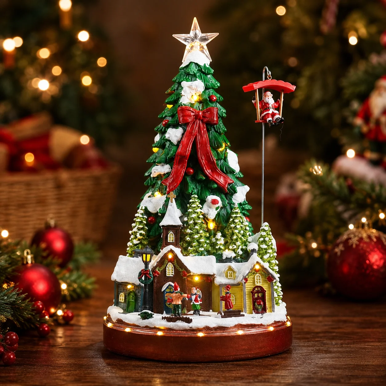 Christmas Tree Music Ornament with Parachute Santa & Rotating Village, Snowy Houses LED Lights 8 Songs 44cm Gift - Image 5