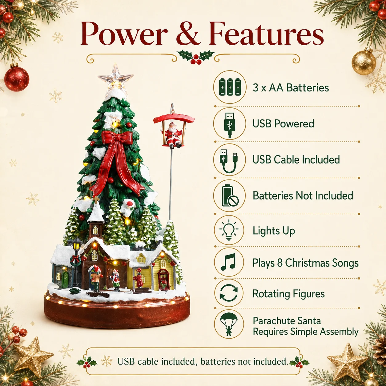 Christmas Tree Music Ornament with Parachute Santa & Rotating Village, Snowy Houses LED Lights 8 Songs 44cm Gift - Image 3
