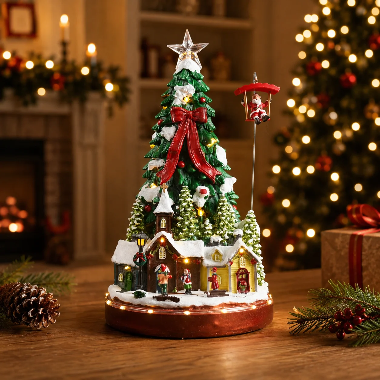 Christmas Tree Music Ornament with Parachute Santa & Rotating Village, Snowy Houses LED Lights 8 Songs 44cm Gift - Image 4