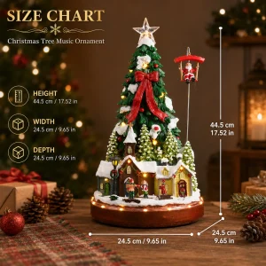 Christmas Tree Music Ornament with Parachute Santa & Rotating Village, Snowy Houses LED Lights 8 Songs 44cm Gift