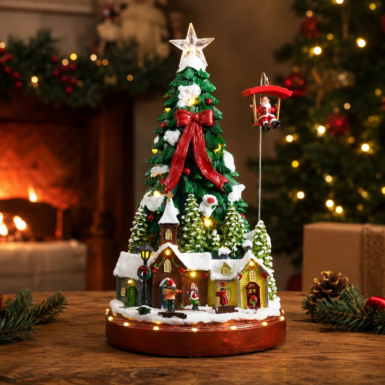 Christmas Tree Music Ornament with Parachute Santa & Rotating Village, Snowy Houses LED Lights 8 Songs 44cm Gift - Image 6
