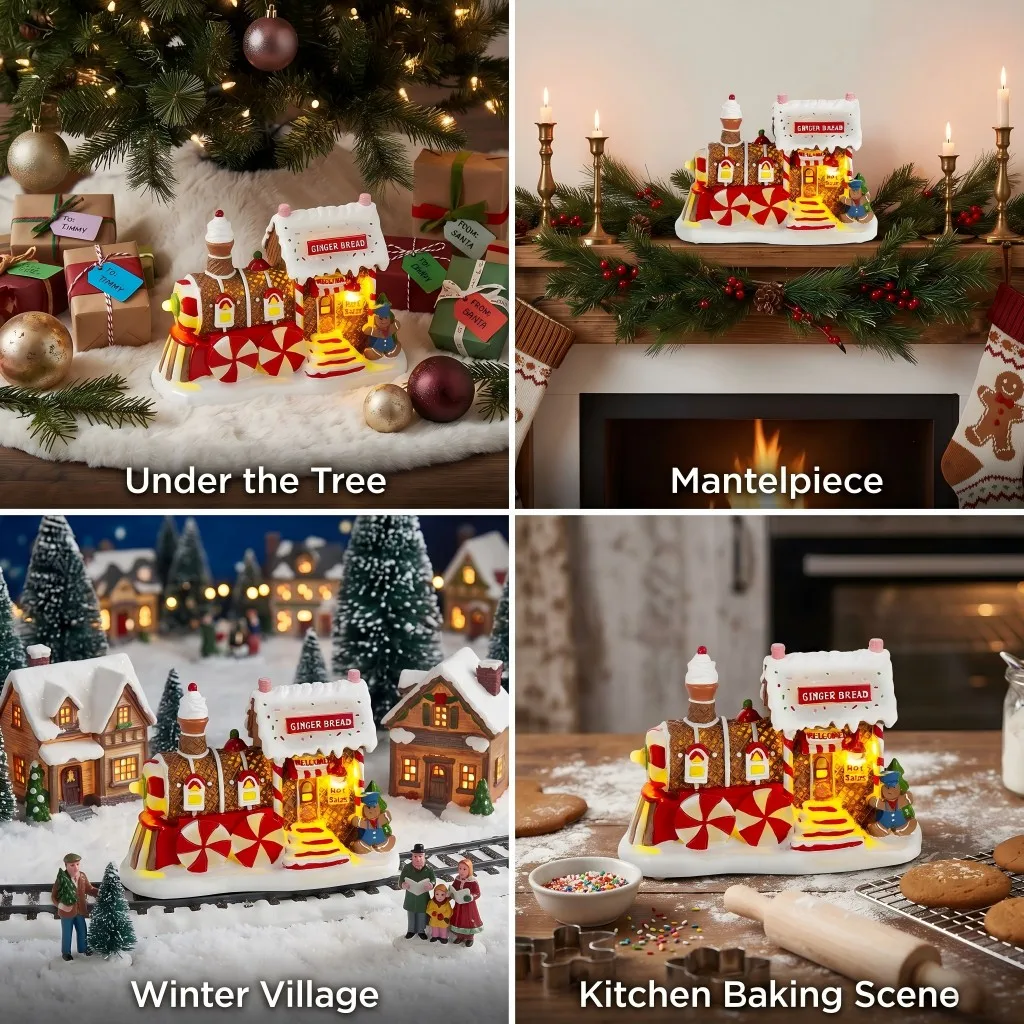 Christmas Village Accessories Decoration Gingerbread Train House Christmas Building Display Light up Xmas Holiday Home Decor - Image 2