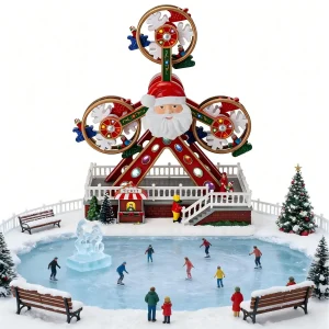 Christmas Village Animated Ferris Wheel Lighted Music Santa Claus Tabletop Figurine Resin Xmas Statue Home Decor New Year Gift