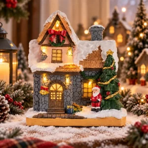 Christmas Village House LED Lighted Collectible Building Figurine Snow Cottage Santa Tree Table Christmas Home Decoration Gift