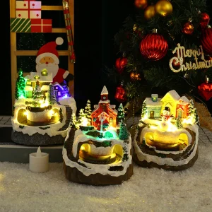 Christmas Village House Snow Tree Scene Lights Up Holiday Decoration Resin Collection for Living Room Restaurant Festival