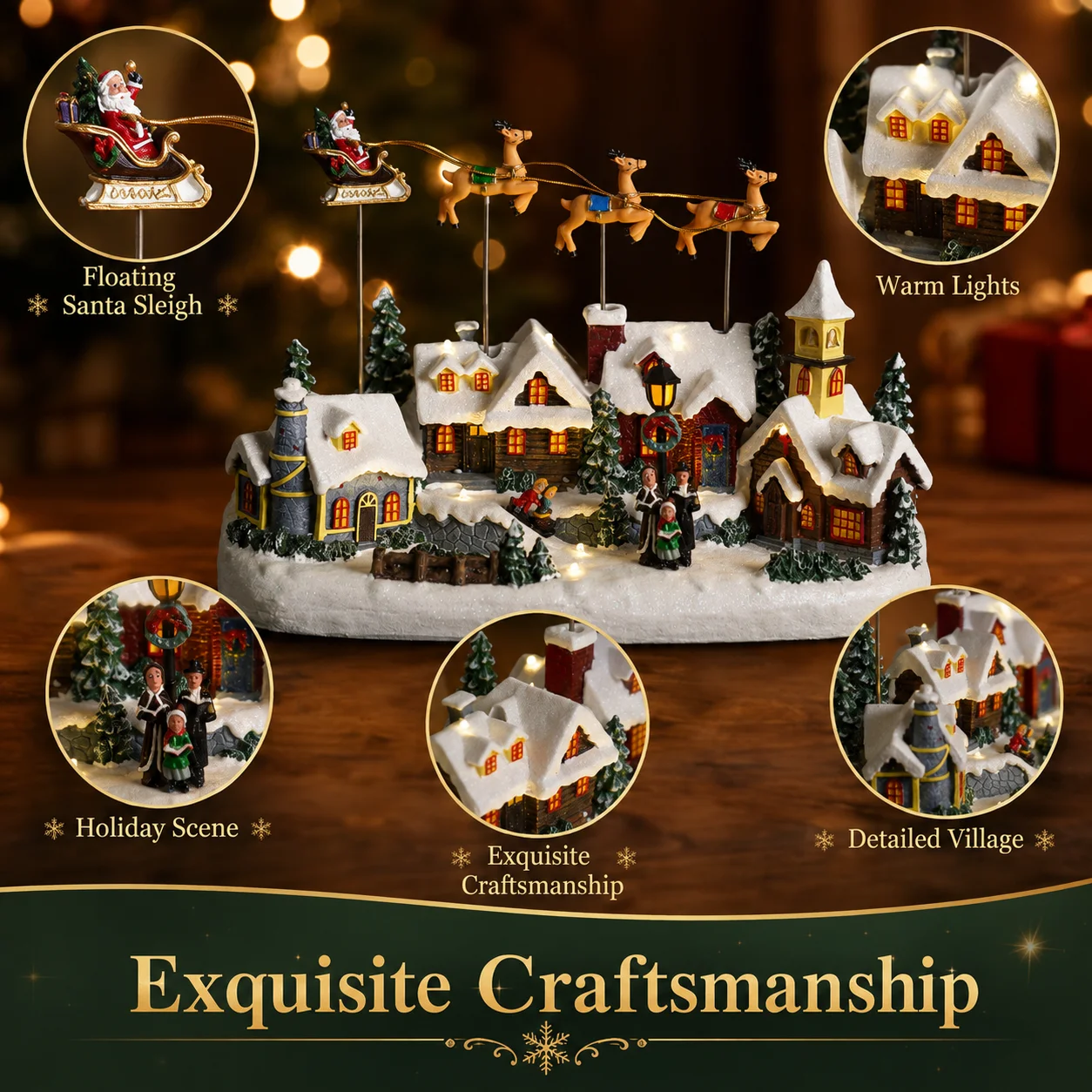 Christmas Village Music Ornament, Santa Sleigh with 3 Reindeer Flying Over Snow Village & LED Lights 34cm