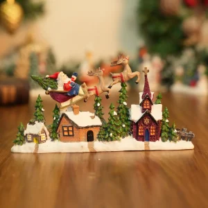 Christmas Village Scene PVC Figurine Ornament, Santa Reindeer House Miniature Statue, Xmas Micro Landscape Tabletop Decor Gift