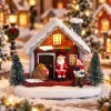 Christmas Village Scene Snow House Lighted Santa Clause Figurine Cabin Xmas Tree Decor Warm Light Tabletop Christmas Decoration