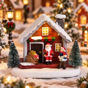 Christmas Village Scene Snow House Lighted Santa Clause Figurine Cabin Xmas Tree Decor Warm Light Tabletop Christmas Decoration