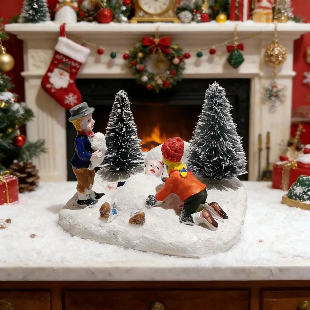 Christmas Village Set Accessories, Kids Playing Figurine, Collectible Building Scene Decoration, Home Fireplace, Holiday Decor - Image 5